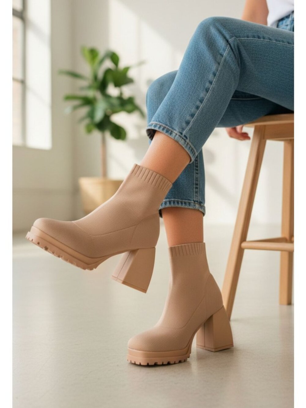 Chunky Heel Knit Ankle Boots Nude Lug Sole Sock Booties For Women